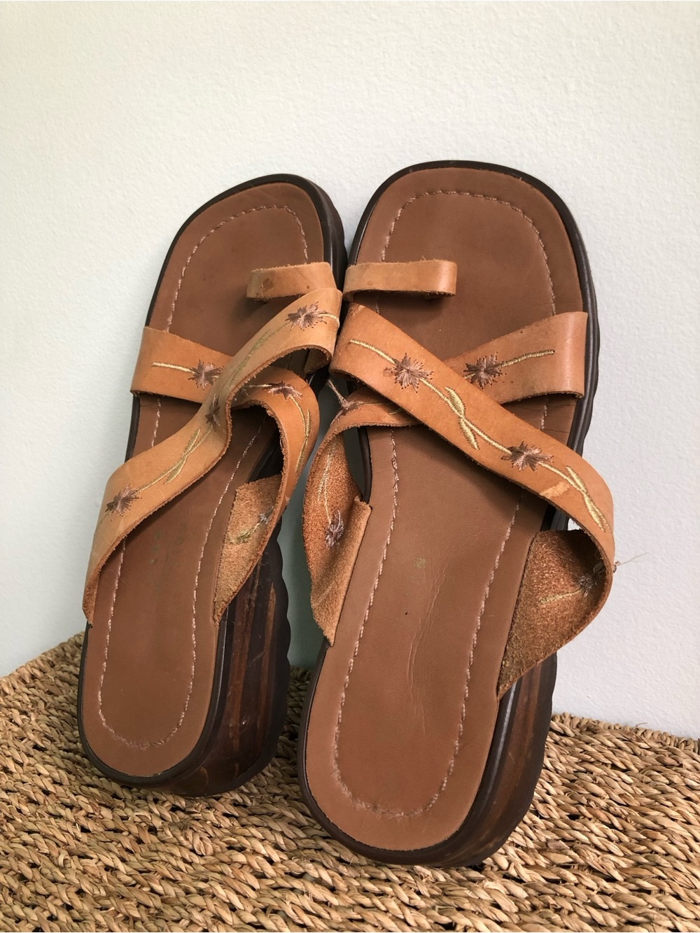 90s Western Boho Leather Embroidered Slide Sandals - Picture 1 of 8